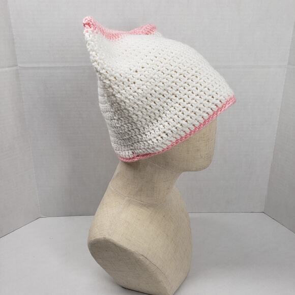 Cat Ear Beanie Crochet Hat White Pink Stripe Handmade Knit Kitty Soft Winter - Picture 7 of 16